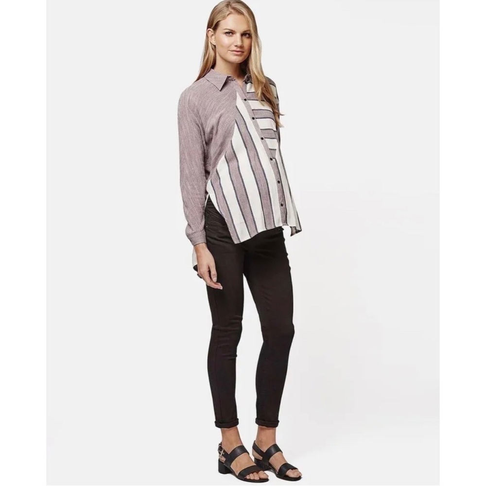 Topshop Striped Side Slits Tunic Button Up Front Shirt Womens Sz 4 Small